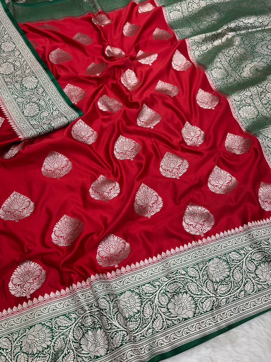 Banarasi Red Soft Mashru Silk Bootidar Saree with Green Contrast Border
