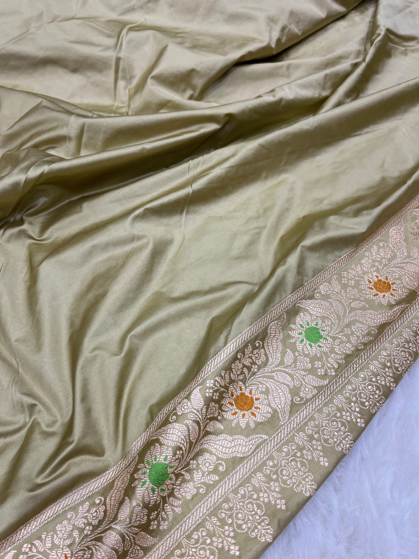 Elegant Festive & Wedding Wear Sage Pastel Green Banarasi Mashru Silk Meenakari Saree