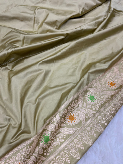 Elegant Festive & Wedding Wear Sage Pastel Green Banarasi Mashru Silk Meenakari Saree