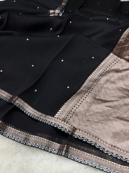 Black Banarasi Pure Kora Organza Silk Zari Polka Dot Saree