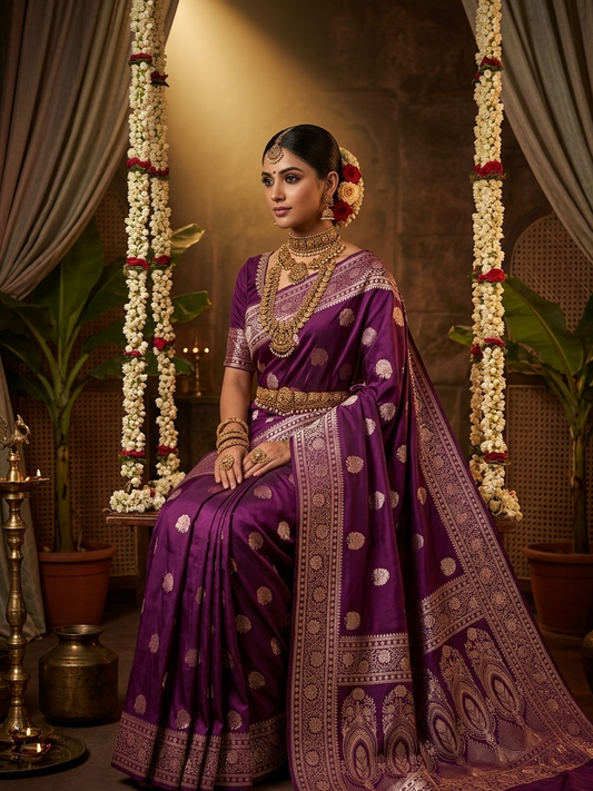 Wine Shades Banarasi Floral Buta Mashru Silk Saree