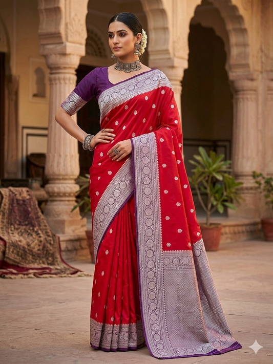 Red and Purple Banarasi Mashru Silk Saree with Copper Zari Weaving