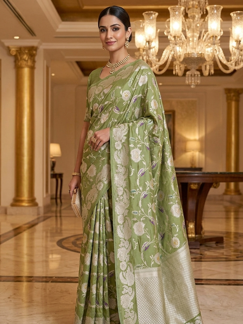 Pista Green Banarasi Floral Jaal Pure Katan Silk Saree with Golden Zari Weaving