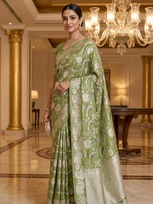 Pista Green Banarasi Floral Jaal Pure Katan Silk Saree with Golden Zari Weaving
