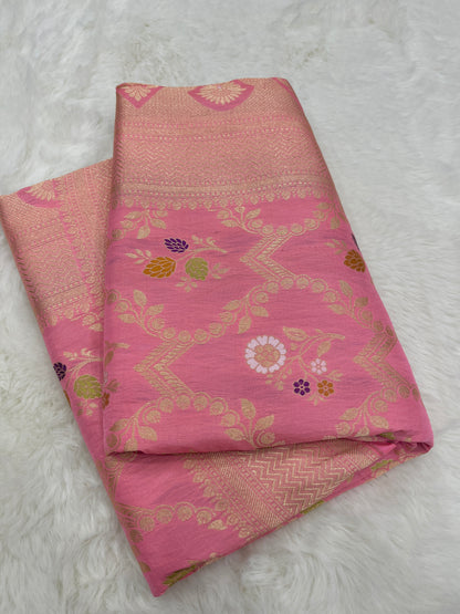 Blush Baby Pink Handwoven Banarasi Pure Katan Silk Meenakari Saree | Elegant Bridal Wear