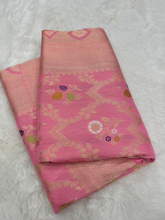 Blush Baby Pink Handwoven Banarasi Pure Katan Silk Meenakari Saree | Elegant Bridal Wear