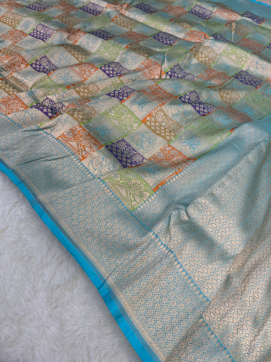 Firozi Handwoven Banarasi Pure Katan Silk Patola Saree
