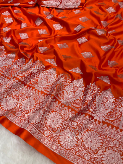 Rust Orange Banarasi Bridal Wear Soft Mashru Katan Silk Saree