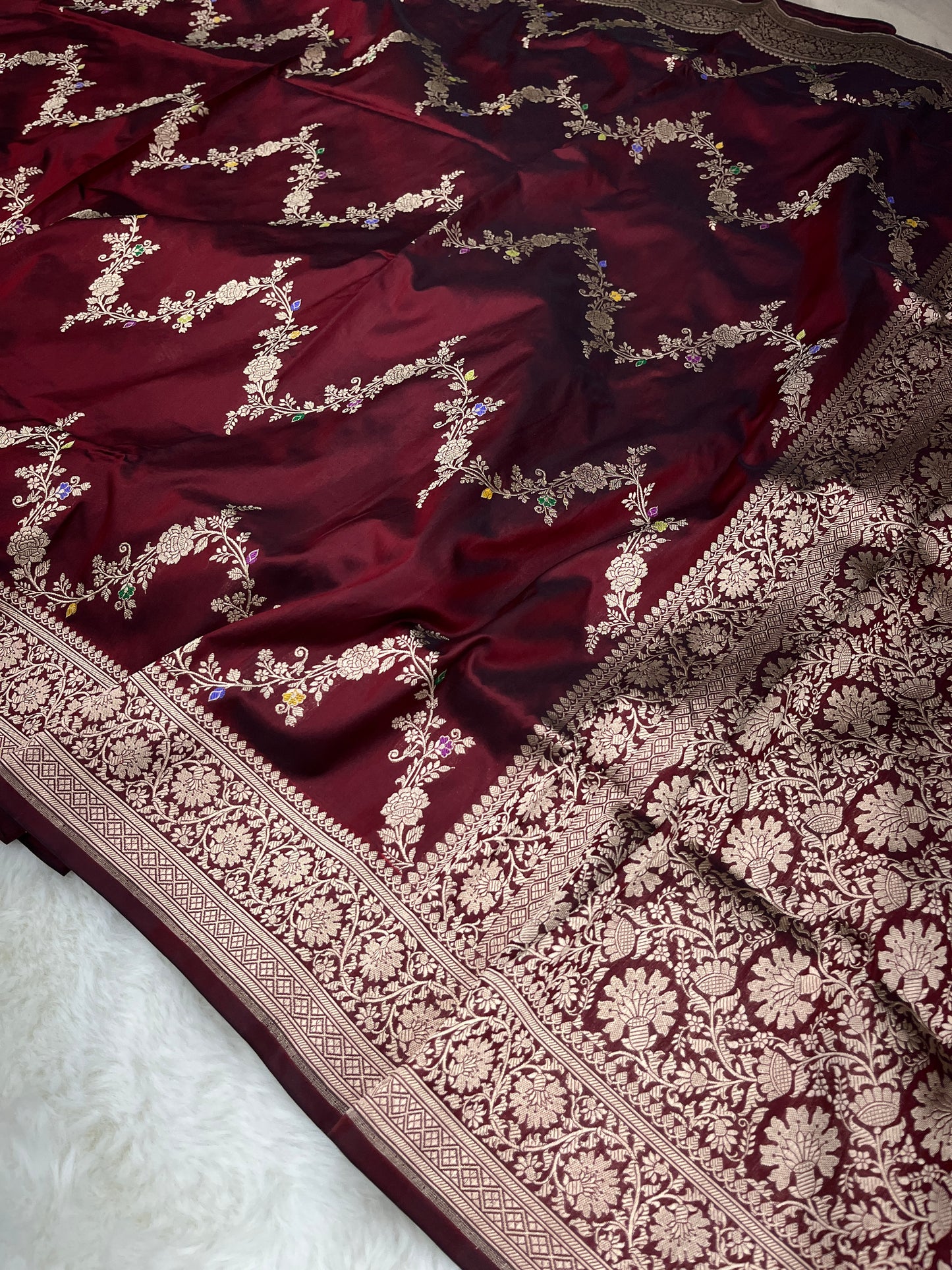 Sophisticated Cocktail Evening Wear Wine Velvet Banarasi Leheriya Meenakari Katan Silk Saree