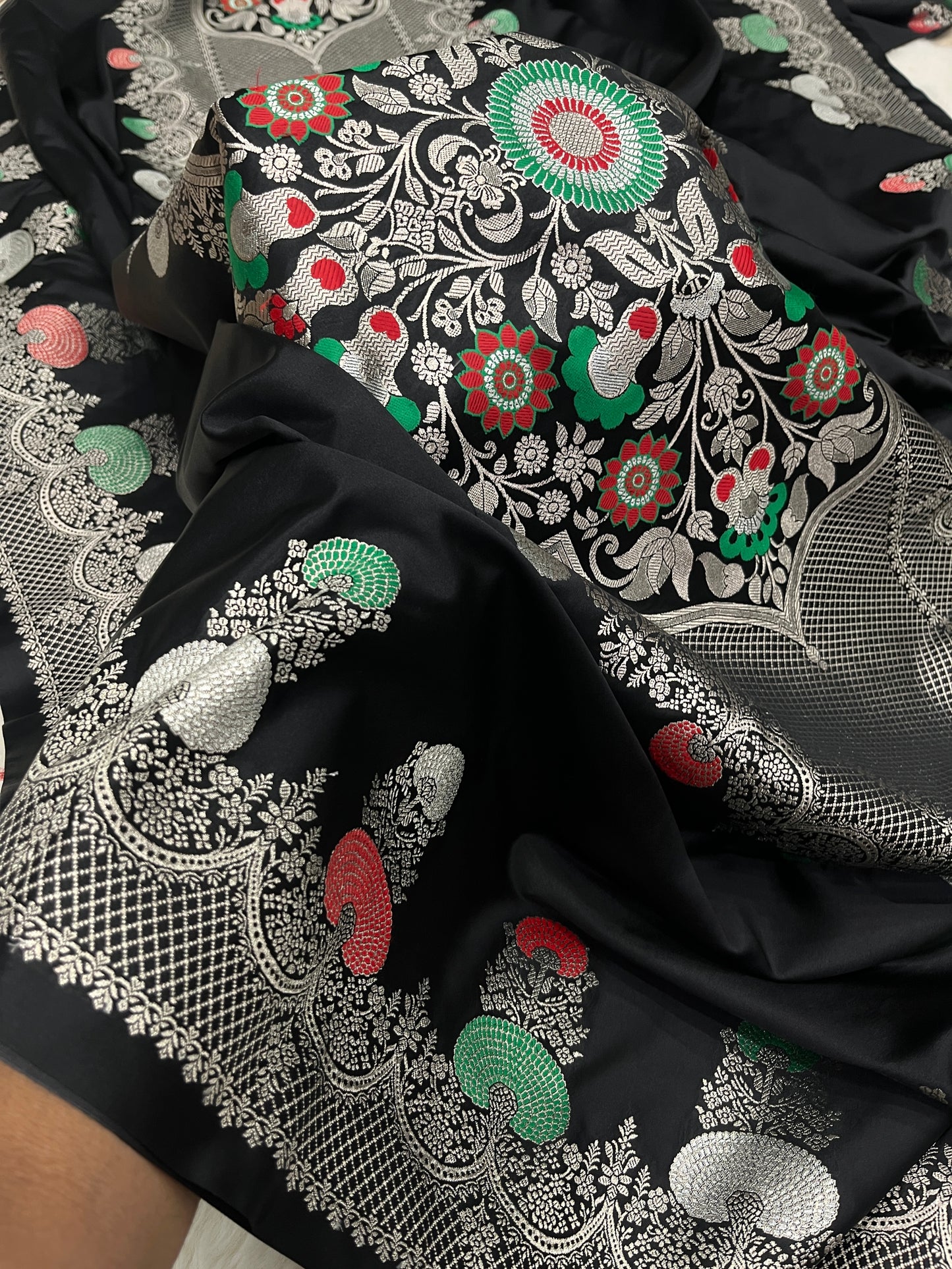 Glamorous Cocktail Wear Midnight Black Banarasi Pure Mashru Silk Meenakari Saree