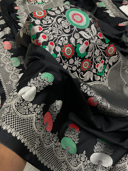 Glamorous Cocktail Wear Midnight Black Banarasi Pure Mashru Silk Meenakari Saree