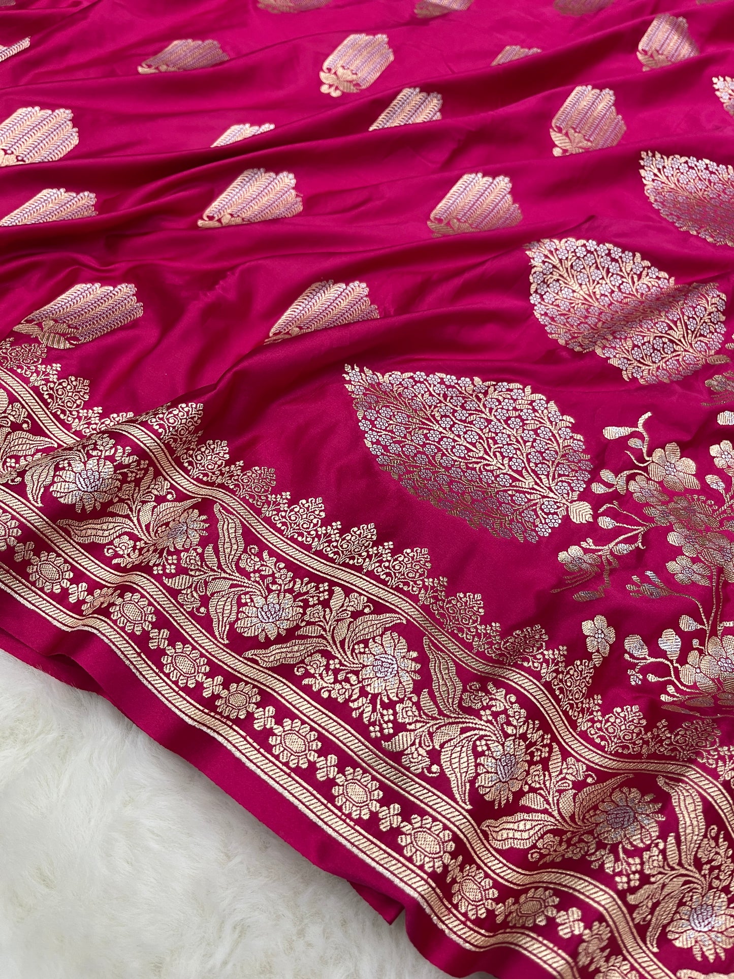 Rose Pink Banarasi Silk Saree with Sona Rupa Meenakari | Graceful Bridal Wedding Wear
