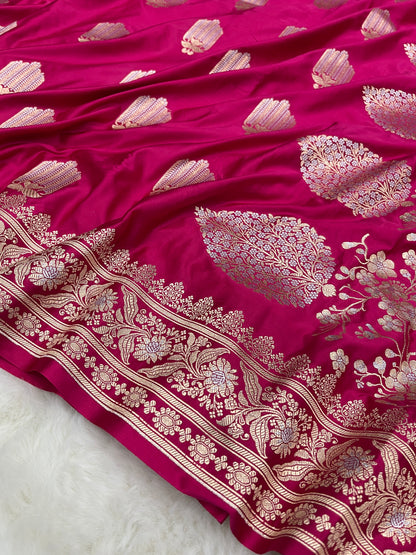 Rose Pink Banarasi Silk Saree with Sona Rupa Meenakari | Graceful Bridal Wedding Wear