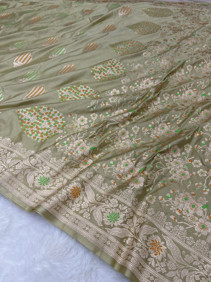 Elegant Festive & Wedding Wear Sage Pastel Green Banarasi Mashru Silk Meenakari Saree