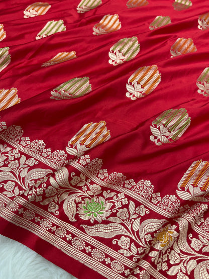 Iconic Bridal Wedding Wear Crimson Red Banarasi Mashru Silk Meenakari Saree