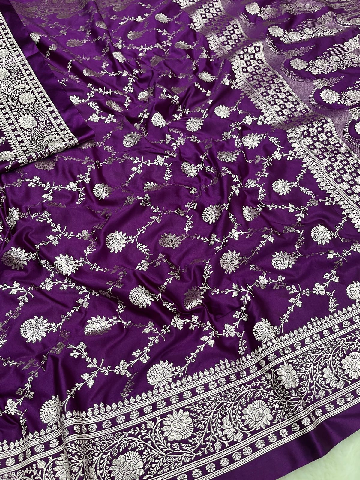 Purple Banarasi Soft Mashru Katan Silk Jaal Saree