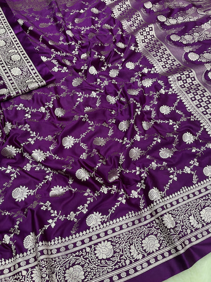 Purple Banarasi Soft Mashru Katan Silk Jaal Saree