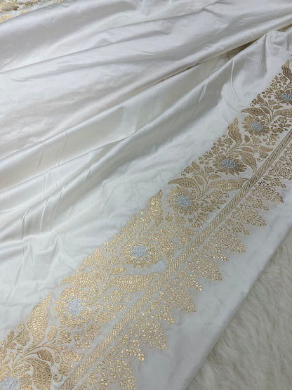 Elegant Christian Bridal Wear Pearl White Banarasi Mashru Silk Sona Rupa Meenakari Saree