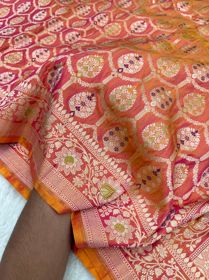 Wedding Wear Rose Ember Dual-Tone Handwoven Banarasi Pure Katan Silk Meenakari Saree