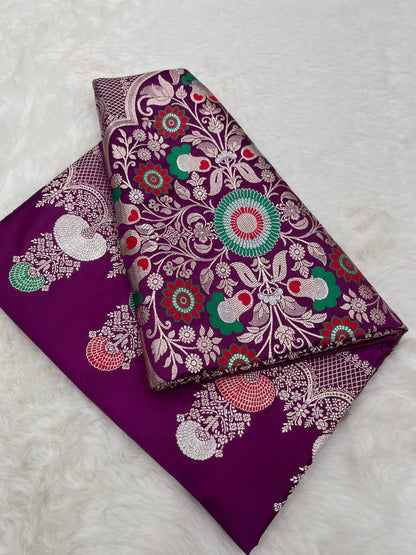 Royal Dark Purple Banarasi Pure Mashru Silk Meenakari Saree