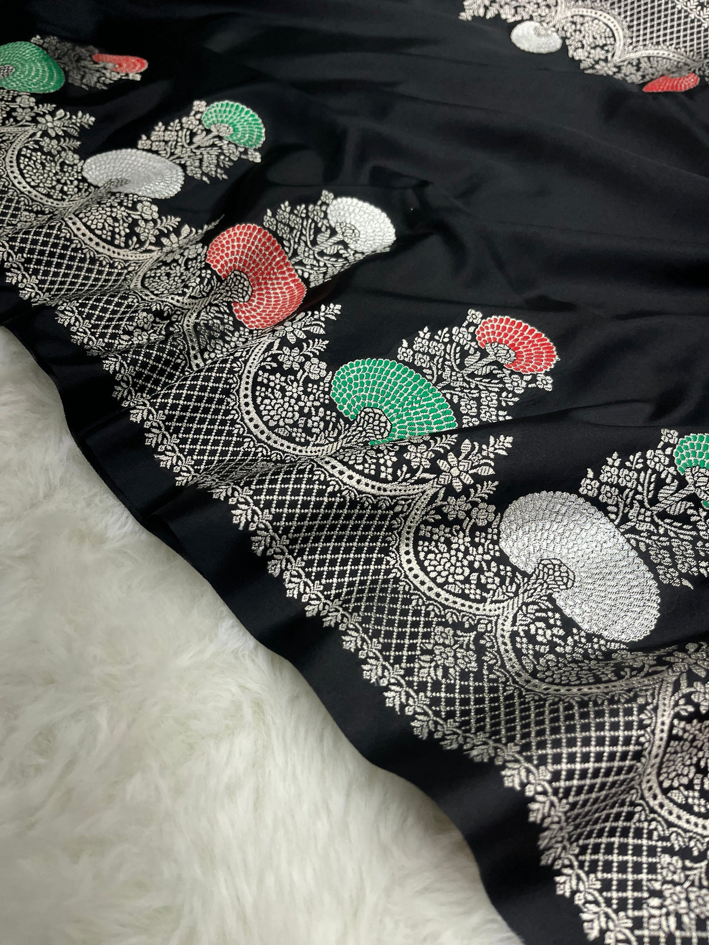 Glamorous Cocktail Wear Midnight Black Banarasi Pure Mashru Silk Meenakari Saree