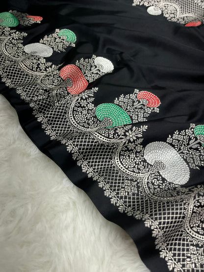 Glamorous Cocktail Wear Midnight Black Banarasi Pure Mashru Silk Meenakari Saree