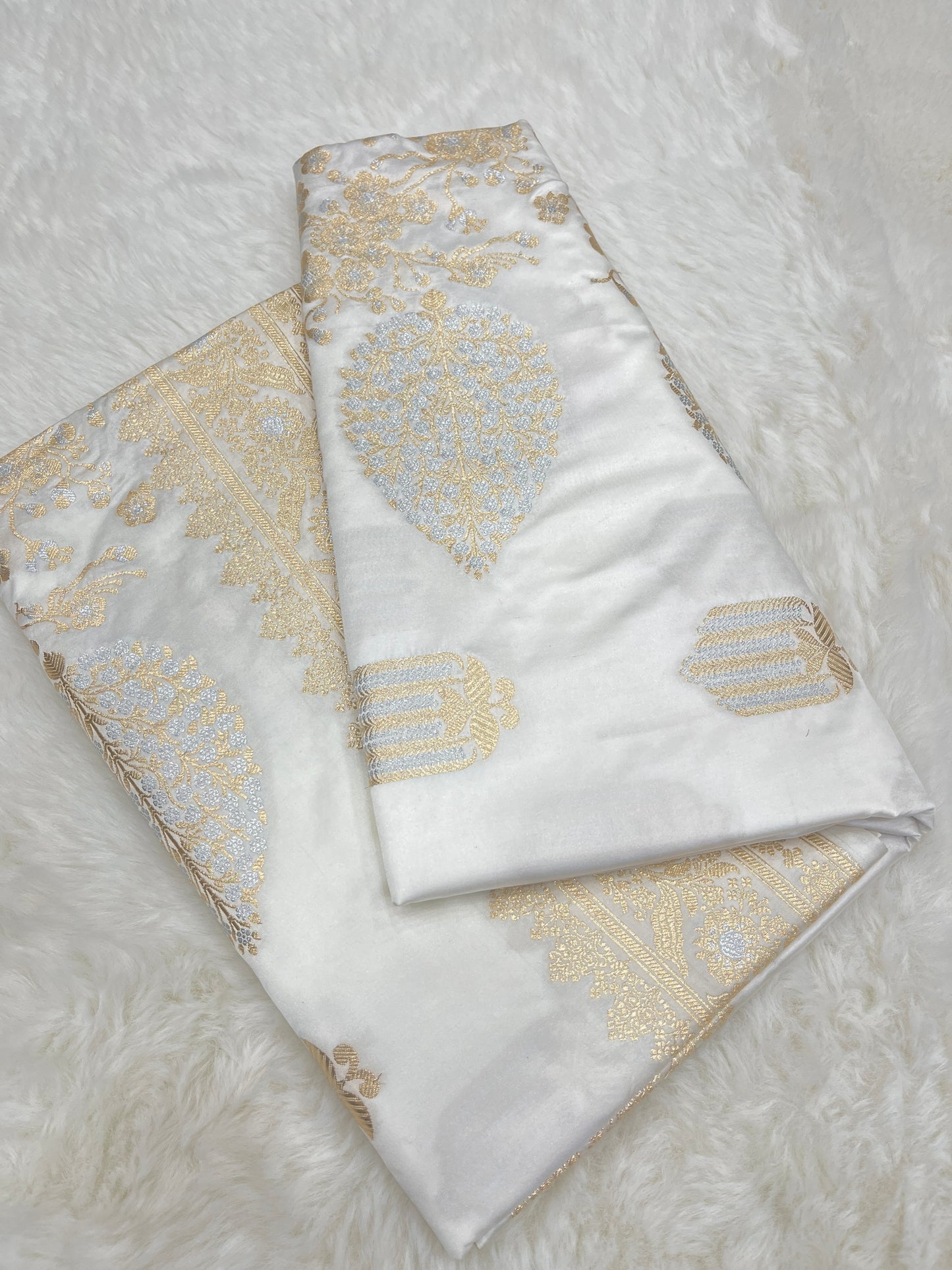Elegant Christian Bridal Wear Pearl White Banarasi Mashru Silk Sona Rupa Meenakari Saree