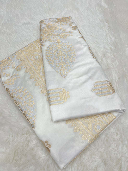 Elegant Christian Bridal Wear Pearl White Banarasi Mashru Silk Sona Rupa Meenakari Saree