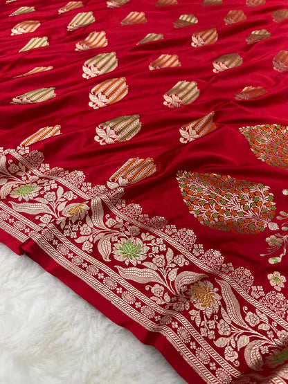 Iconic Bridal Wedding Wear Crimson Red Banarasi Mashru Silk Meenakari Saree