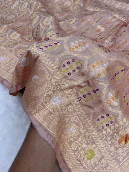 Rose Gold Radiance Handwoven Banarasi Pure Katan Silk Meenakari Saree