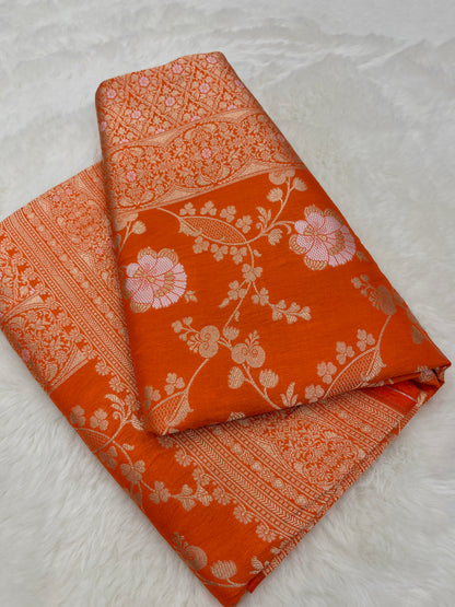 Rust Orange Handwoven Banarasi Pure Katan Silk Meenakari Saree | Regal Bridal Wedding Wear