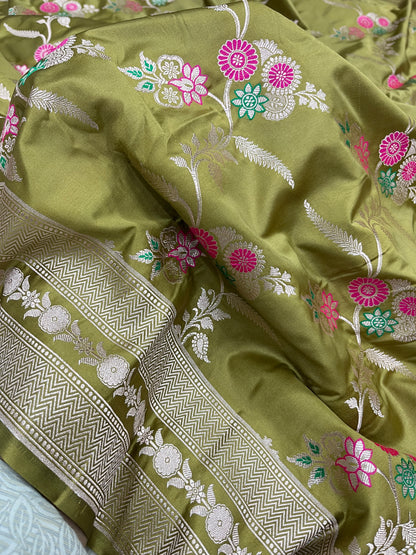 Pista Green Banarasi Mashru Meenakari Floral Jaal Work Saree
