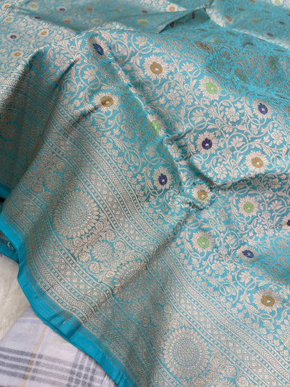 Turquoise Blue Handwoven Banarasi Meenakari Pure Katan Silk Saree