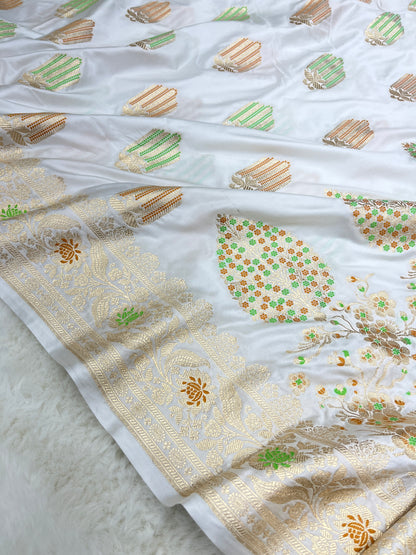 Elegant Christian Bridal Wear Ivory White Banarasi Mashru Silk Meenakari Saree