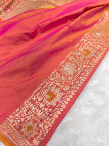Wedding Wear Rose Ember Dual-Tone Handwoven Banarasi Pure Katan Silk Meenakari Saree