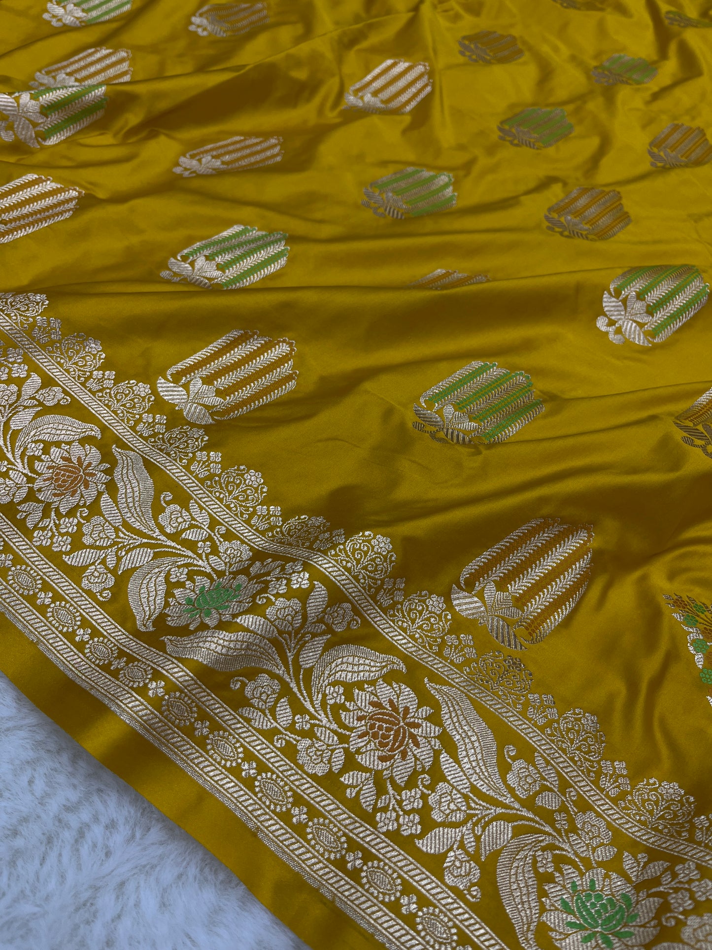 Haldi & Mehendi Wear Mustard Yellow Banarasi Pure Mashru Silk Meenakari Saree