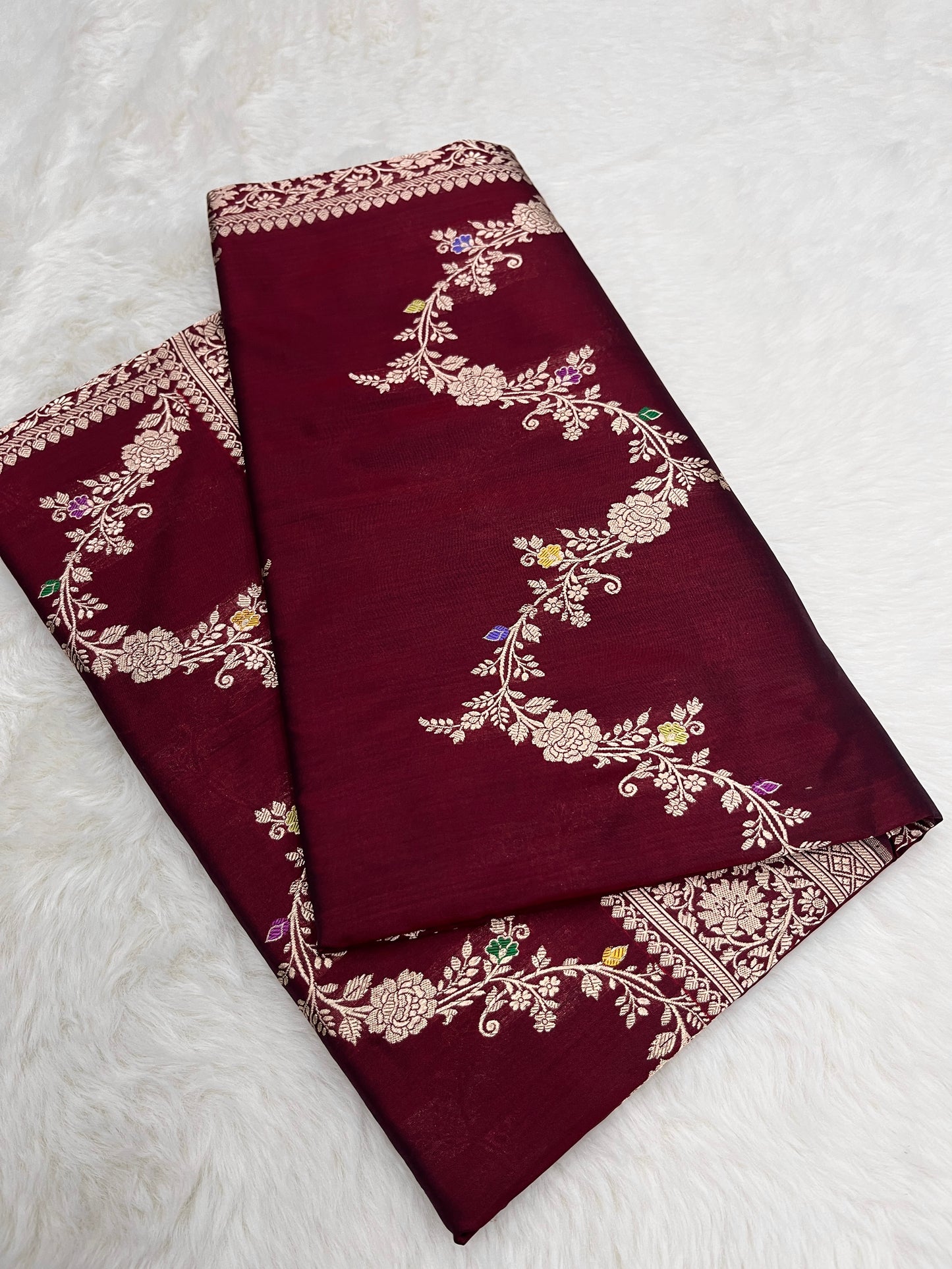 Sophisticated Cocktail Evening Wear Wine Velvet Banarasi Leheriya Meenakari Katan Silk Saree