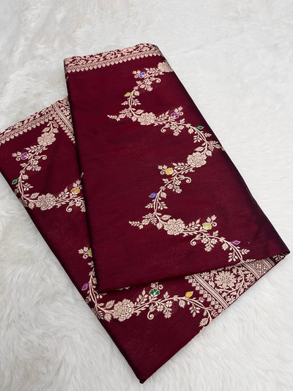 Sophisticated Cocktail Evening Wear Wine Velvet Banarasi Leheriya Meenakari Katan Silk Saree