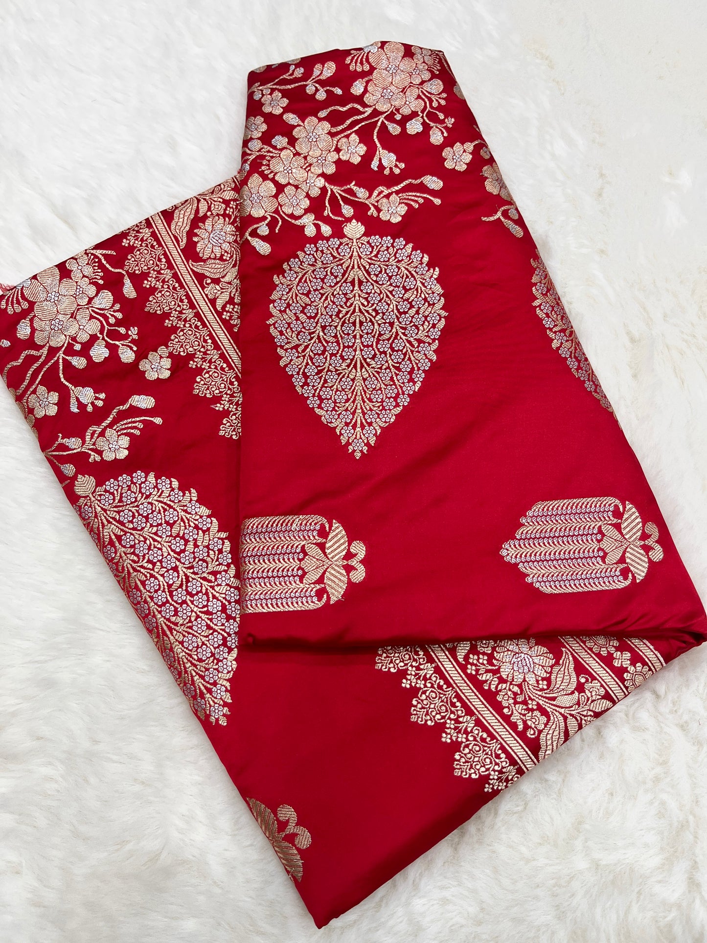 Regal Bridal Wear Crimson Red Banarasi Pure Mashru Silk Sona Rupa Meenakari Saree