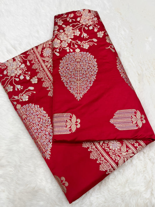 Regal Bridal Wear Crimson Red Banarasi Pure Mashru Silk Sona Rupa Meenakari Saree