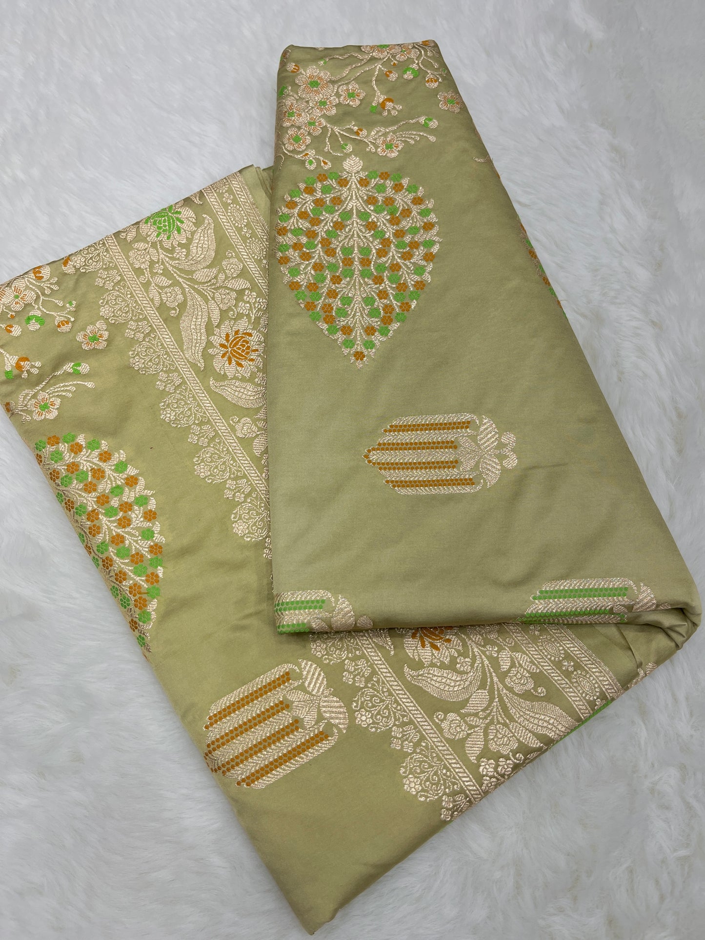 Elegant Festive & Wedding Wear Sage Pastel Green Banarasi Mashru Silk Meenakari Saree