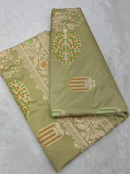 Elegant Festive & Wedding Wear Sage Pastel Green Banarasi Mashru Silk Meenakari Saree