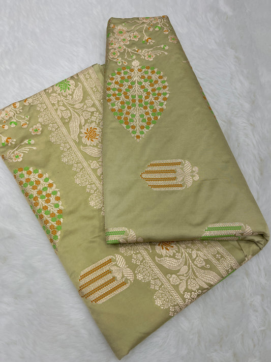 Elegant Festive & Wedding Wear Sage Pastel Green Banarasi Mashru Silk Meenakari Saree