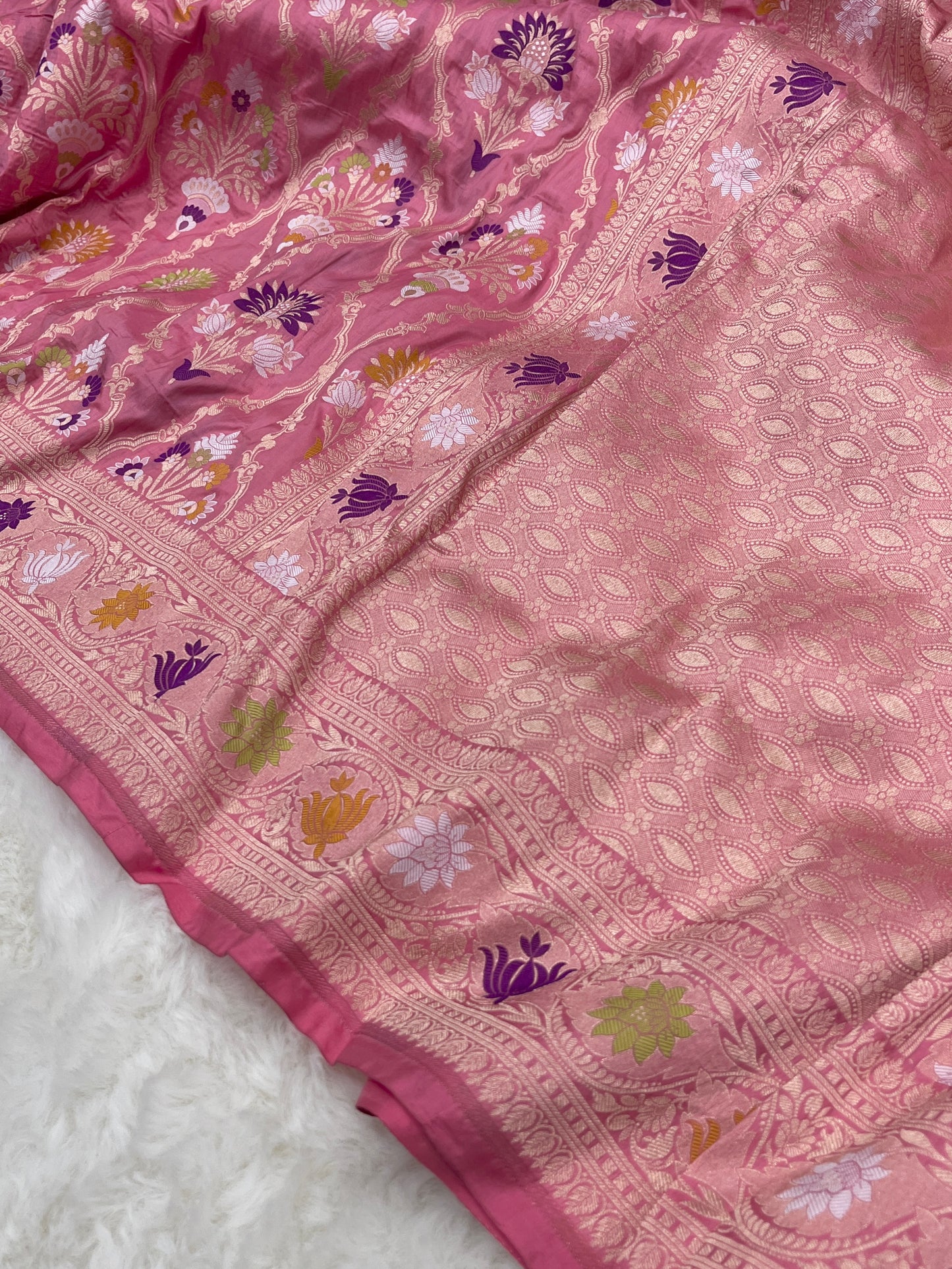 Strawberry Pink Banarasi Katan Silk Floral Jaal Work Saree