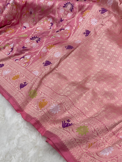 Strawberry Pink Banarasi Katan Silk Floral Jaal Work Saree