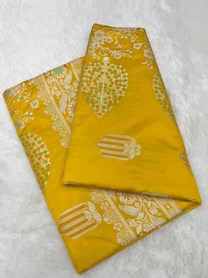 Haldi & Mehendi Wear Mustard Yellow Banarasi Pure Mashru Silk Meenakari Saree