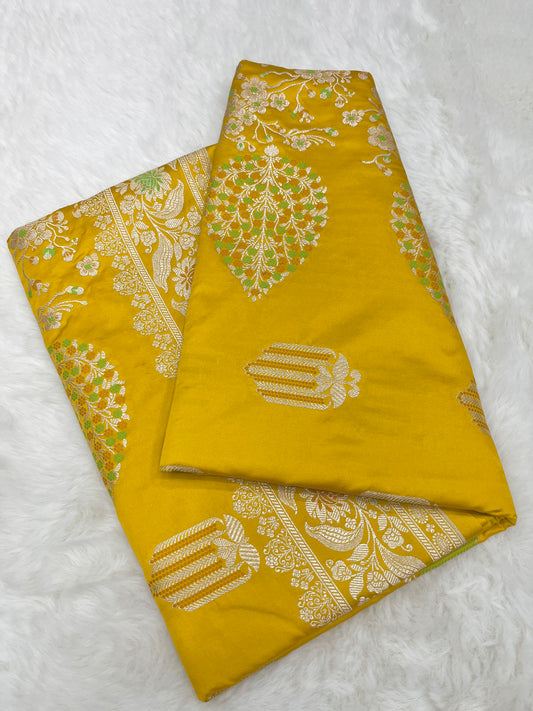Haldi & Mehendi Wear Mustard Yellow Banarasi Pure Mashru Silk Meenakari Saree