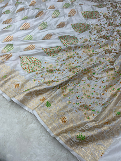 Elegant Christian Bridal Wear Ivory White Banarasi Mashru Silk Meenakari Saree