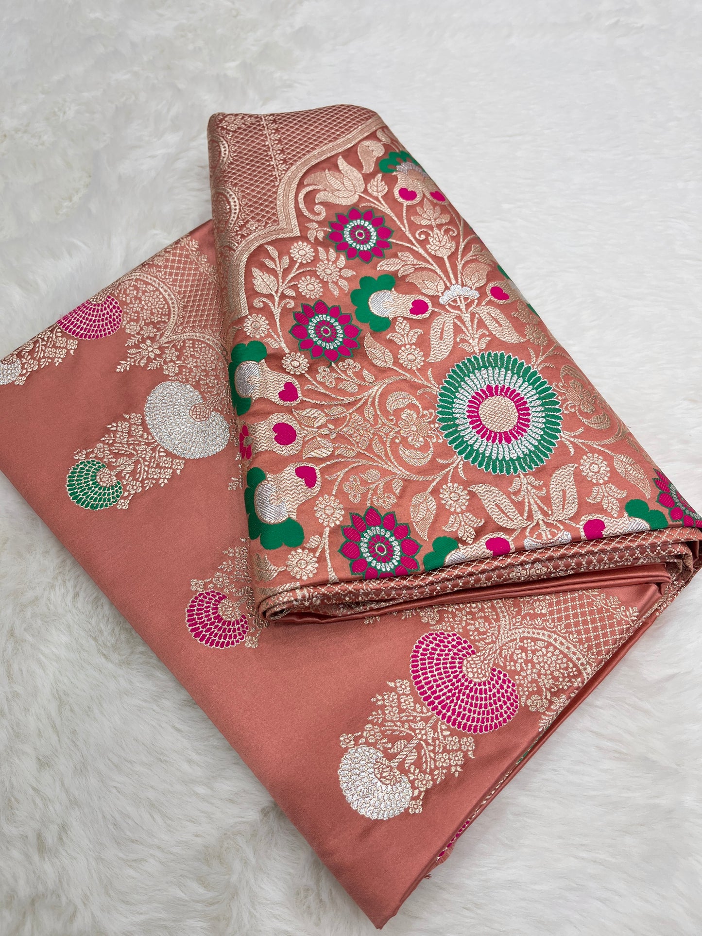 Wedding Wear Peach Banarasi Pure Mashru Silk Meenakari Saree