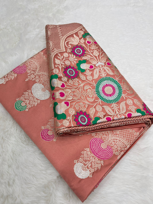 Wedding Wear Peach Banarasi Pure Mashru Silk Meenakari Saree